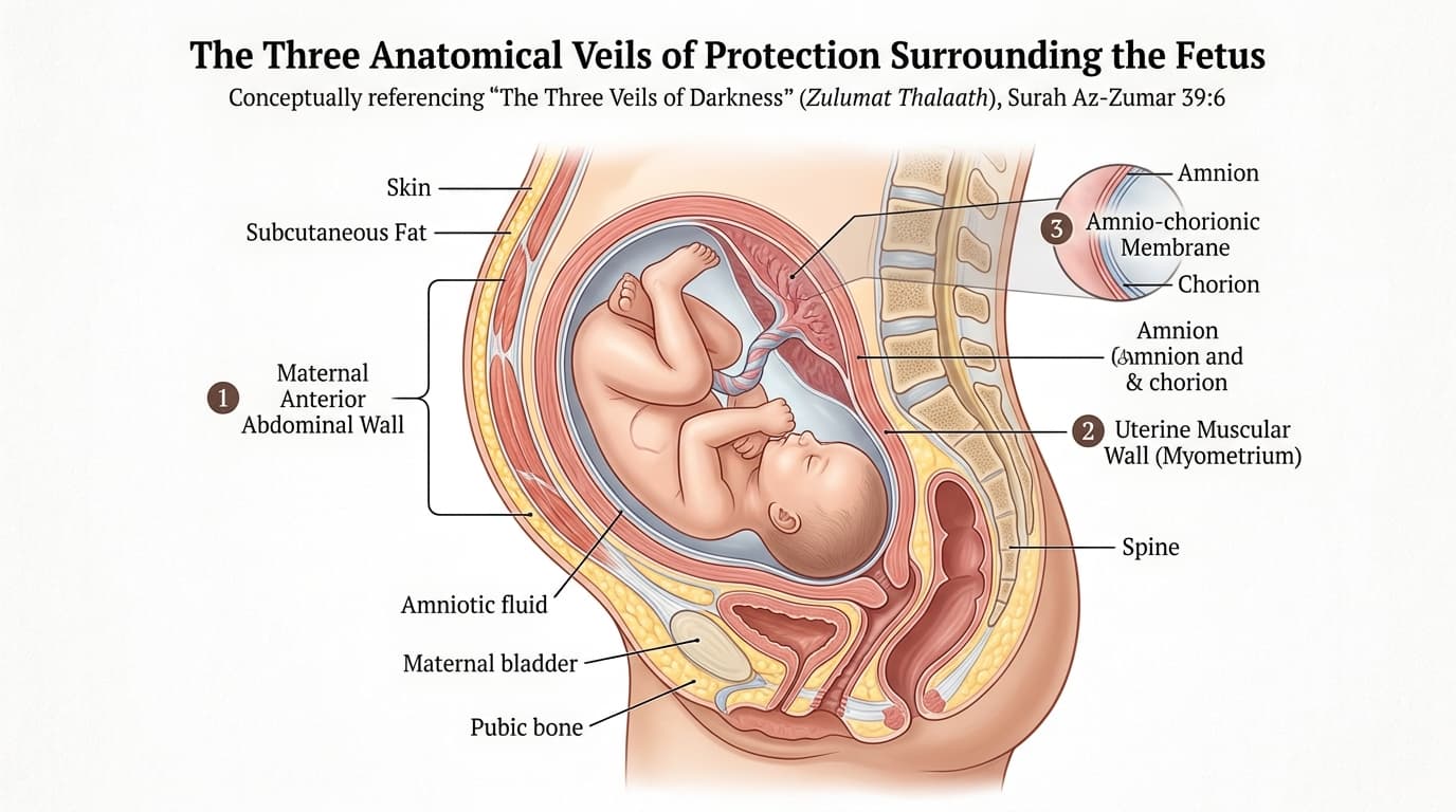 Anatomical cross-section of the Three Veils of Darkness (Zulumat Thalaath) in the human womb